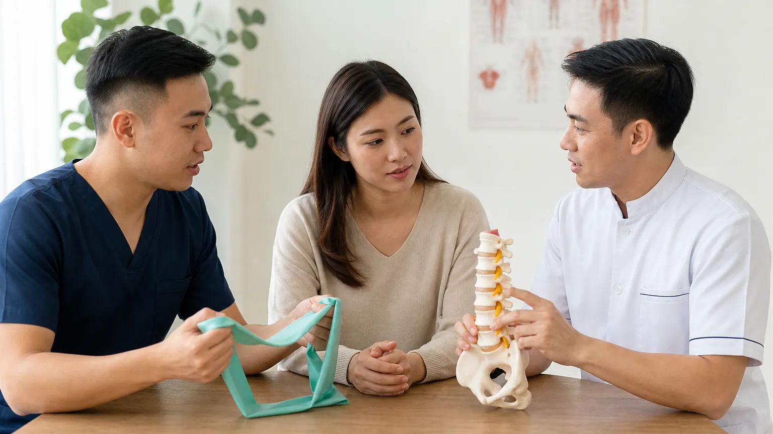 A patient discussing movement-based care options with two clinicians