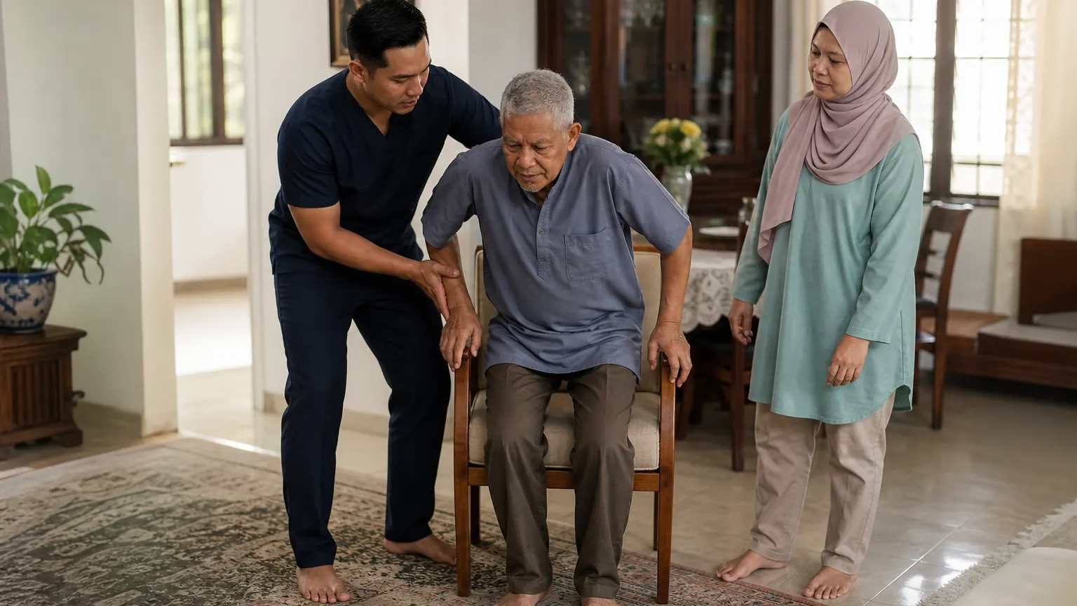 Fisioterapis membimbing latihan pergerakan selamat semasa lawatan ke rumah