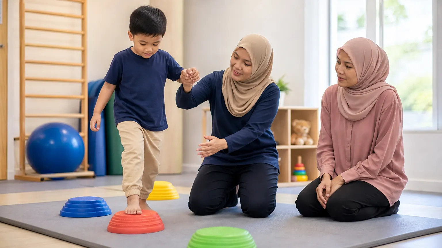 Fisioterapis pediatrik membimbing kanak-kanak dalam aktiviti pergerakan berasaskan permainan