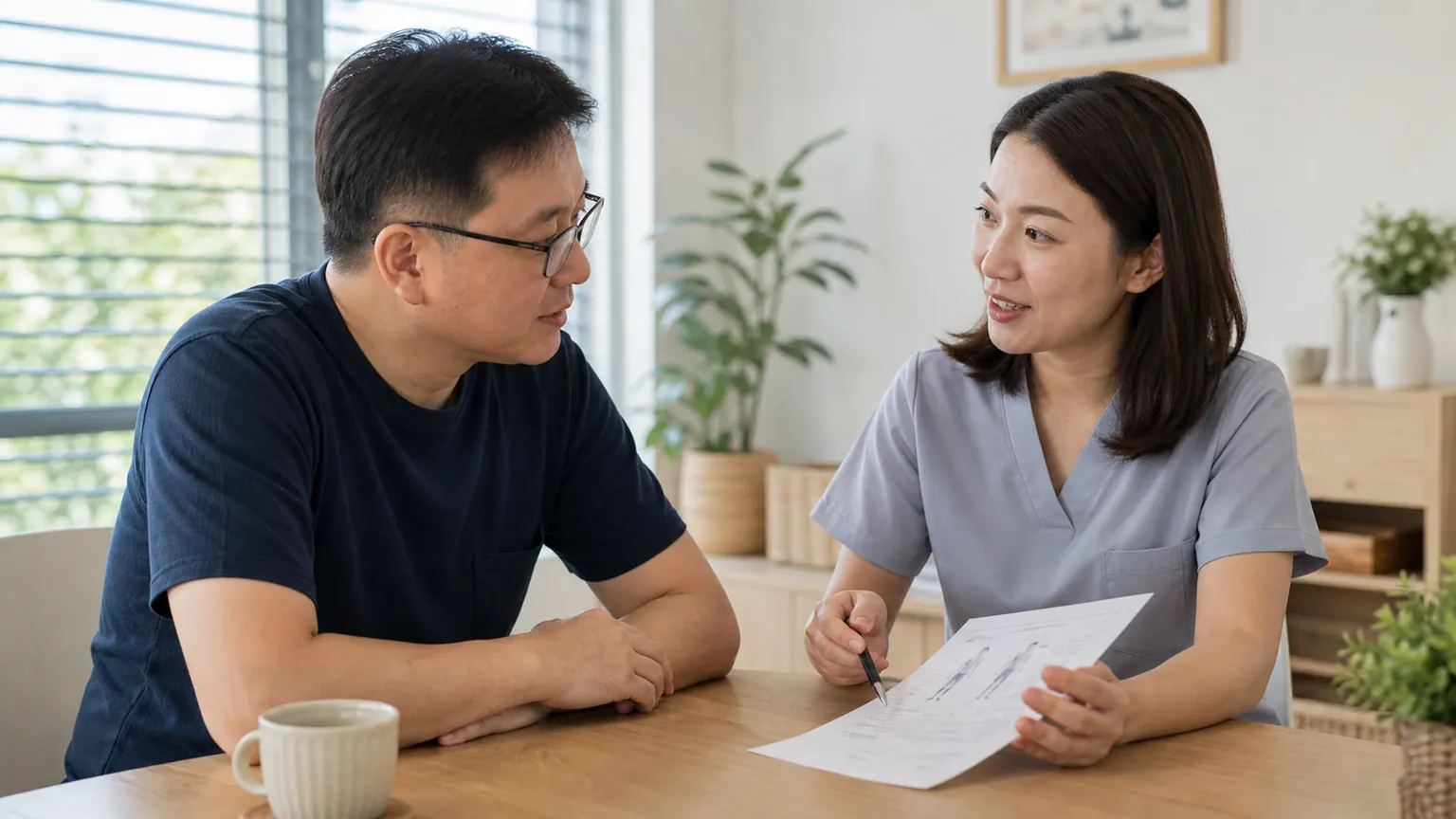 A physiotherapist discussing mobility needs with a patient and family member