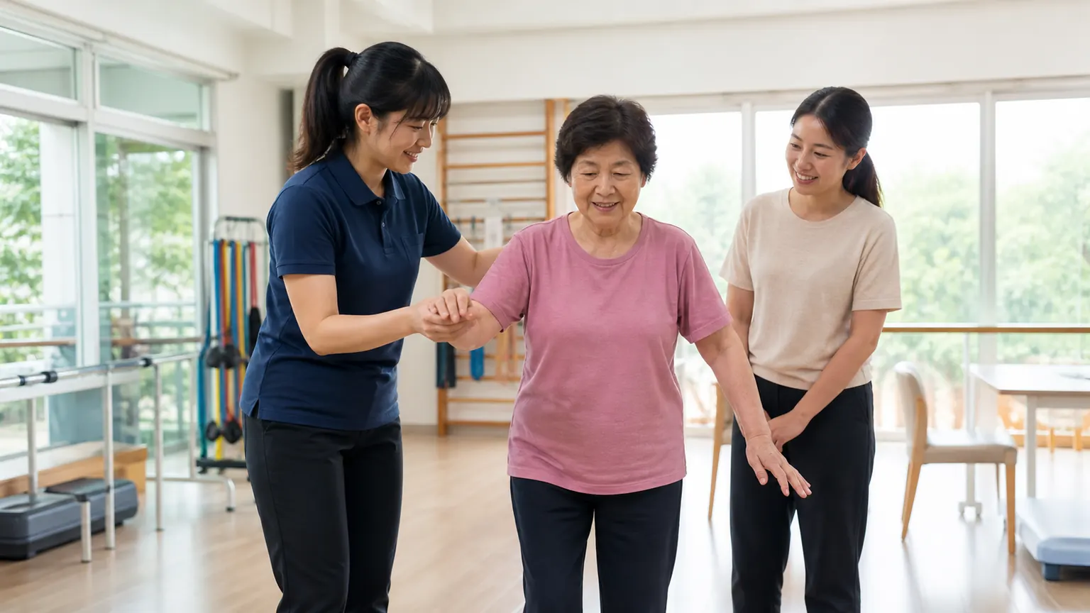A physiotherapist guiding adults of different ages through safe movement practice