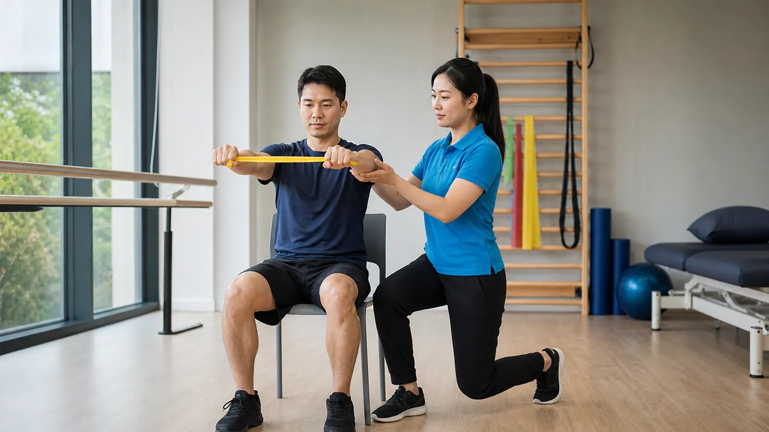 A physiotherapist demonstrating a hands-on treatment beside exercise equipment