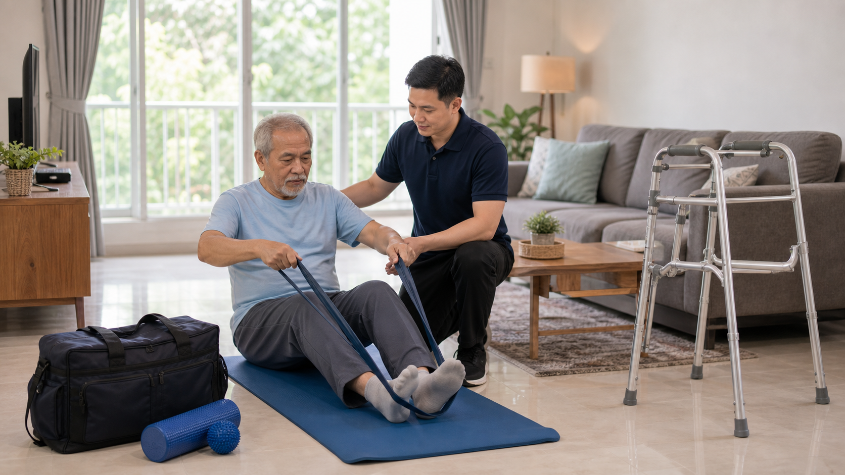Home visit physiotherapy setup with exercise mat, walking aid and safe room layout