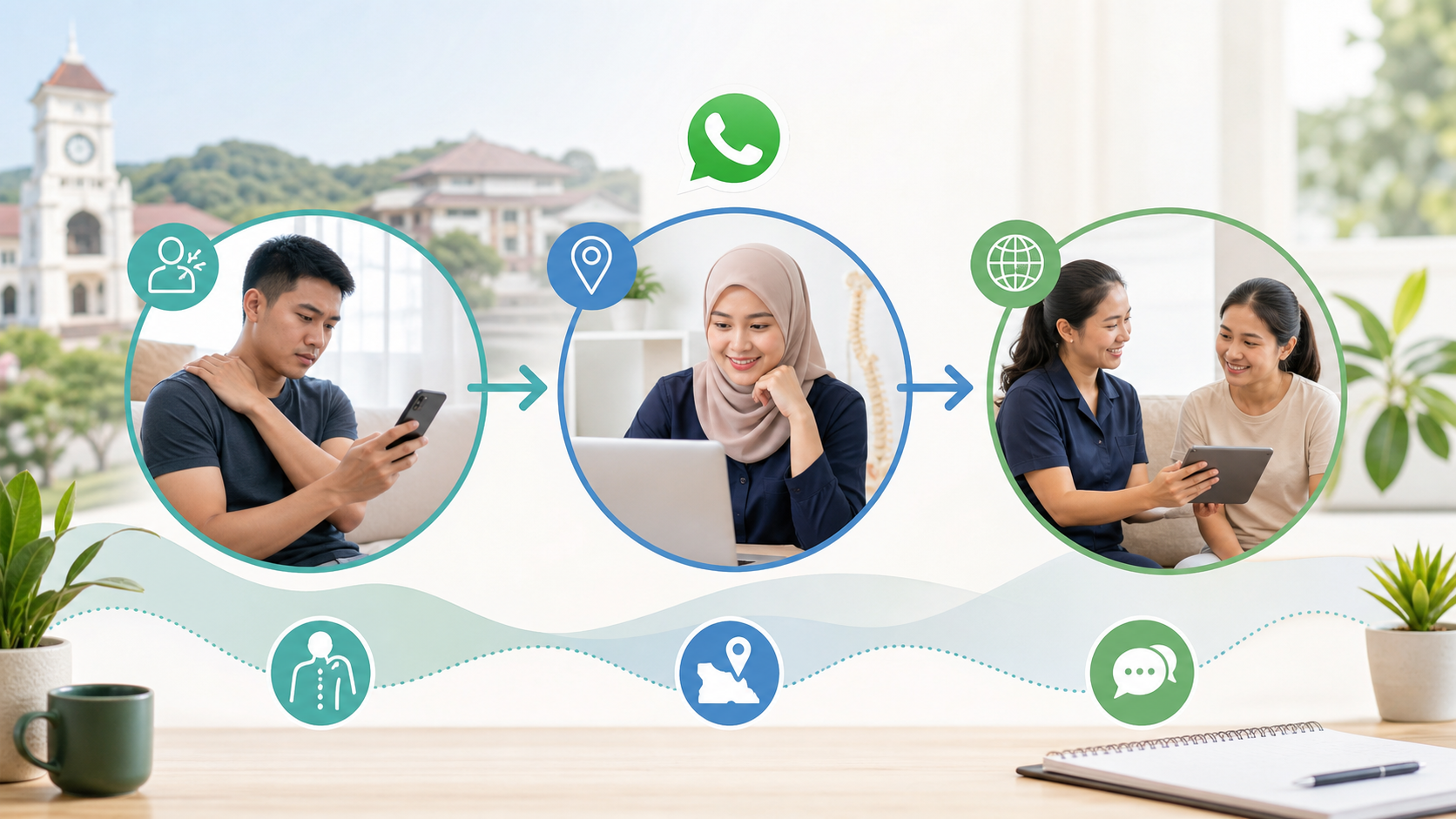 Three step WhatsApp physiotherapy matching workflow for condition, area and language preference
