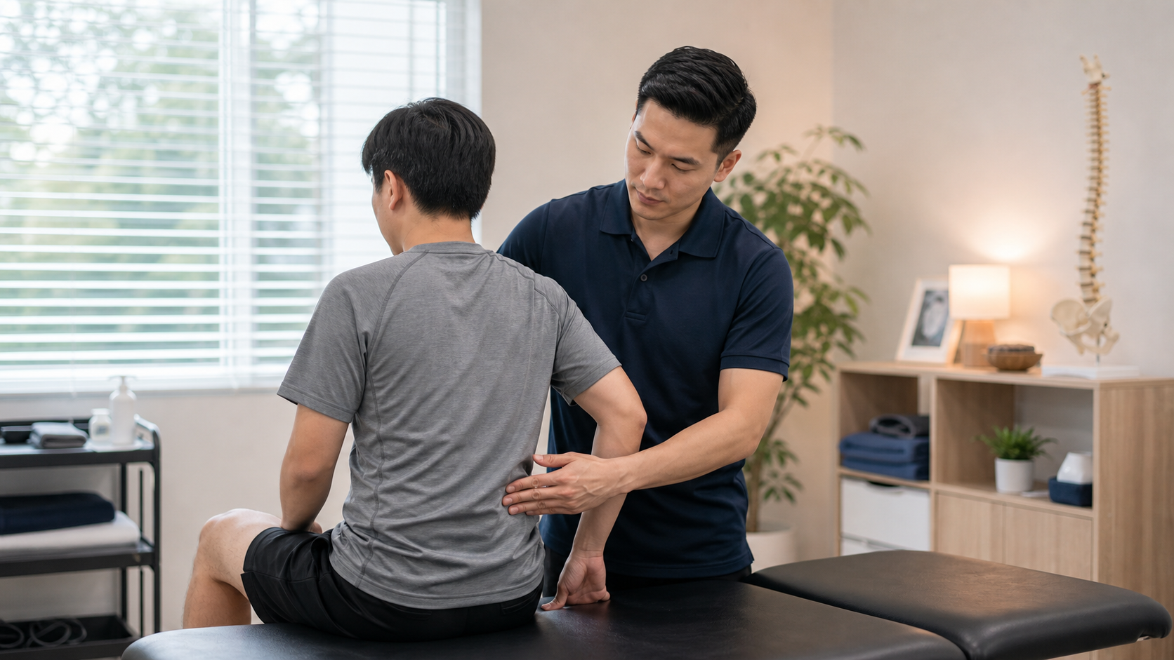 Manual therapy clinical context with physiotherapist explaining treatment plan