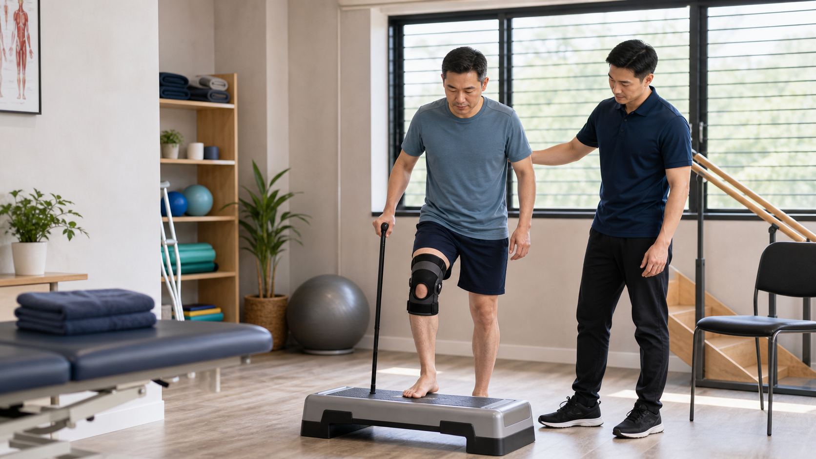 Post-surgery physiotherapy practice with walking aid and exercise plan