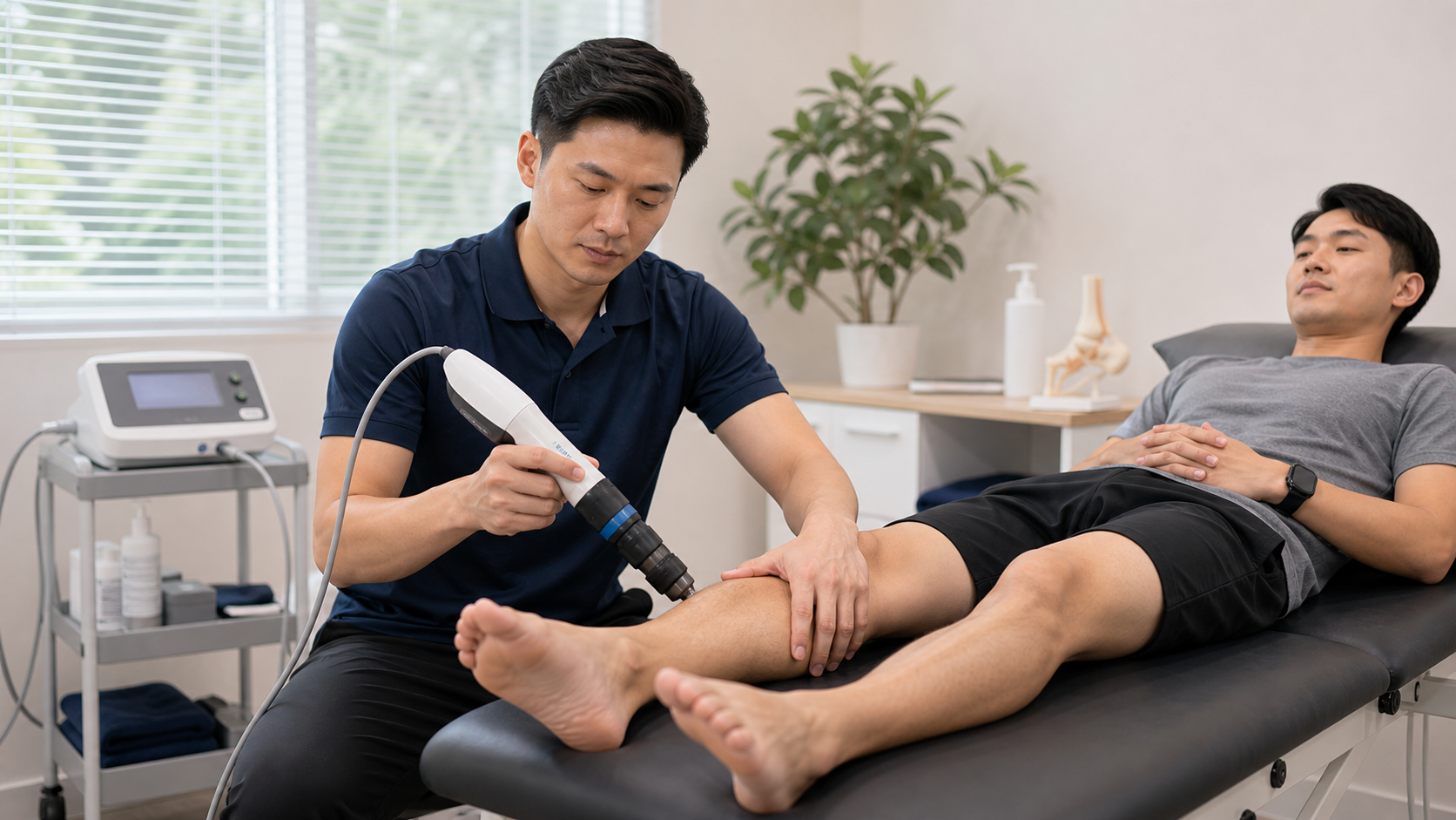 Shockwave therapy explainer image showing device use in a physiotherapy setting