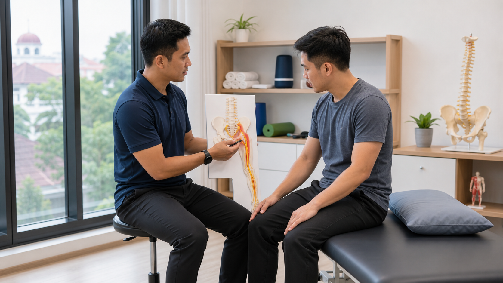 Physiotherapist discussing sciatica leg pain pattern with a patient